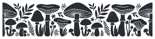 Seamless repeat pattern design with mushrooms and plants. Mushroom vector art for background or textile prints.