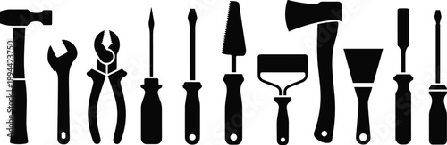 Hand tools silhouettes, hammer, wrench, pliers, screwdriver, saw, paint roller, axe, putty knife, chisel, construction tools illustration
