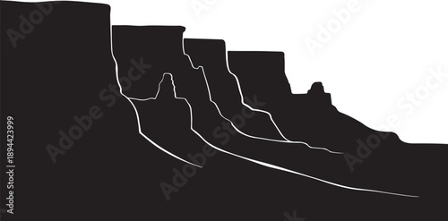 Black silhouette of rocky cliffs against white background landscape