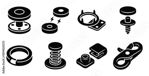 Set of eight fastener icons in isometric style, representing different attachment and connection mechanisms.