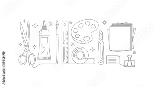 Creative art and craft supplies line icons set on white background.