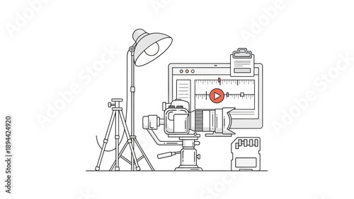 Video production studio setup with camera, light, and editing software.