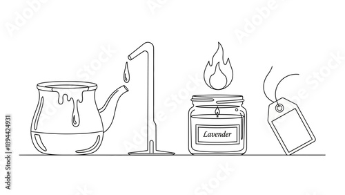 Still life of aromatherapy elements: pot, dropper, candle, and tag