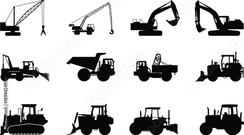 Heavy construction machinery silhouettes set including crane excavator bulldozer tractor dump truck industrial equipment isolated on white background