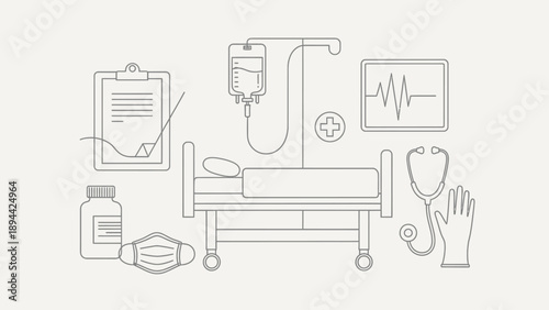 Minimalist line art of medical equipment and hospital room essentials.