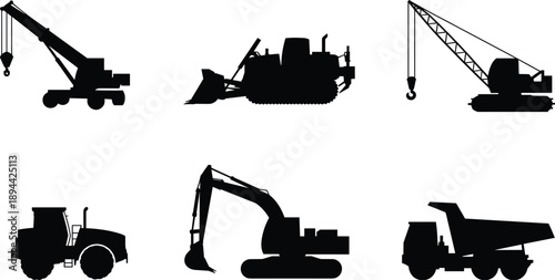 Heavy construction machinery silhouettes set, crane bulldozer excavator dump truck industrial equipment isolated on white background illustration