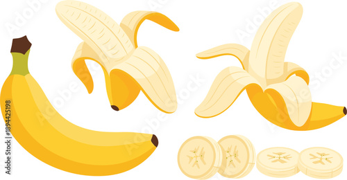 Ripe Banana Collection with Whole Peeled and Sliced Fruit in Flat Illustration Style