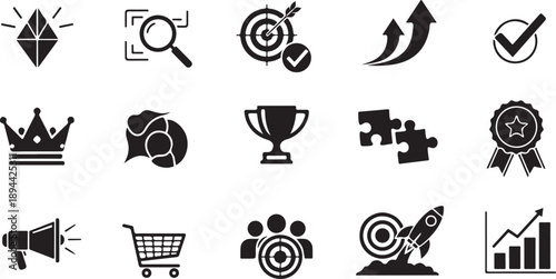 usp solid glyph icon set in black silhouette style featuring unique value, focus, benefit and marketing concepts.eps