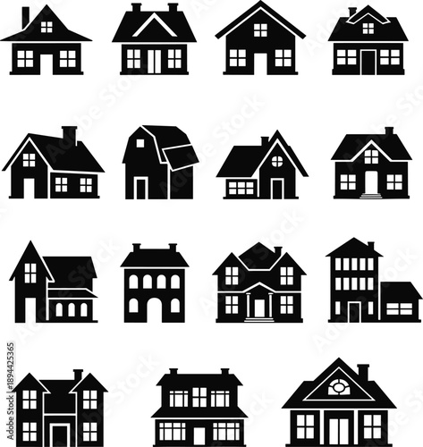 House silhouette icon collection, various residential home styles, real estate property symbols, architecture design set isolated on white background