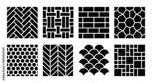 Set of tile patterns glyph vector. Geometric floor tile designs collection. Different pavements, masonry.
