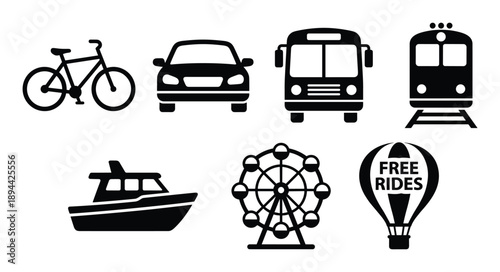 Set of transportation glyphs icons: bicycle, car, bus, train, boat, Ferris wheel, and hot air balloon.