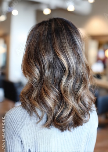 A close-up of a woman with brunette hair with Champagne highlights, a layered lob cut, and long sleeves. The photo taken in a salon.