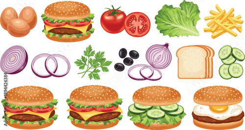 Burger ingredients and sandwich variations including tomato, lettuce, egg, onion, cucumber, and fries arranged in grid format on white background