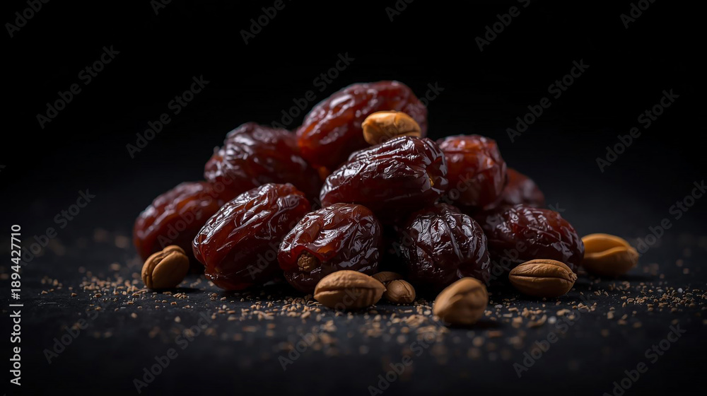 Obraz premium Pile of Premium Dried Dates with Almonds on Textured Dark Surface, Healthy Snack Mix and Superfood Concept