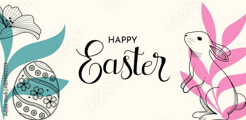 Easter Banner With Floral Leaves And Ornamental Eggs Illustration Flat Design