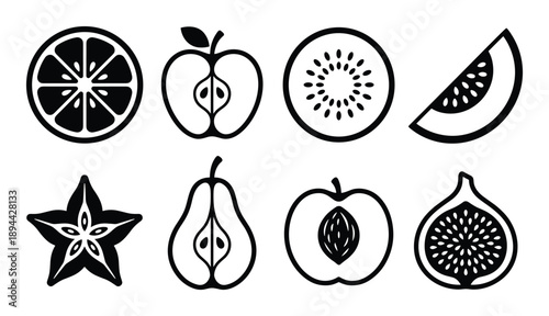 Vector glyph set of halved fruit icons. Includes orange, apple, kiwi, melon, carambola, pear, peach, fig.