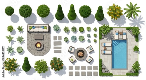 Overhead view of an elegant garden design with a pool, lounge chairs, fire pit, and diverse greenery for luxury outdoor living.