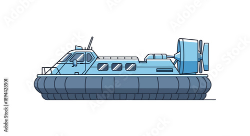 Blue hovercraft vehicle isolated flat vector illustration on white background.