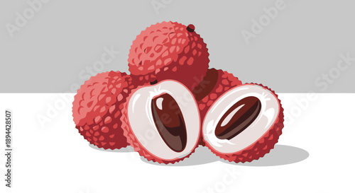 Group of ripe lychee tropical fruit cut open, vector illustration.