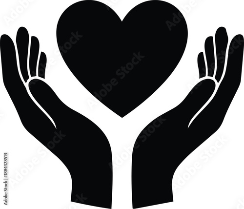 A black and white graphic illustration of cupped hands protectively holding a heart shape