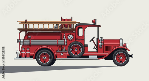 Vintage Red Fire Truck Illustration: Classic Emergency Vehicle Design