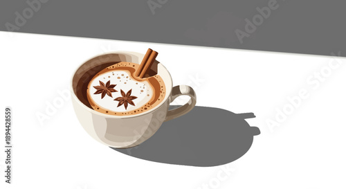 A steaming cup of chai tea latte with star anise and cinnamon stick.