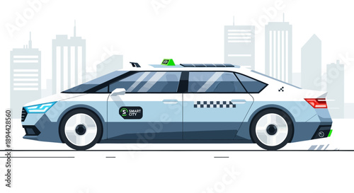 Futuristic smart city taxi car driving in urban landscape.