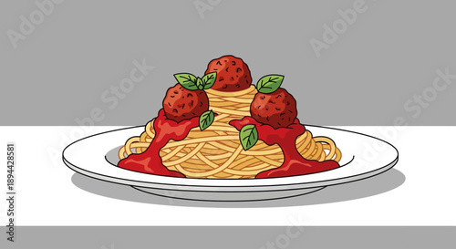 Cartoon illustration of classic spaghetti and meatballs served on a white plate.