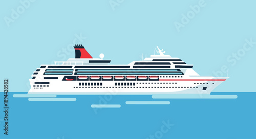 Flat design illustration of a massive cruise ship sailing on the ocean.