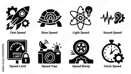 Vector set of glyph icons representing different types of speed: fast, slow, light, sound, limit and more.