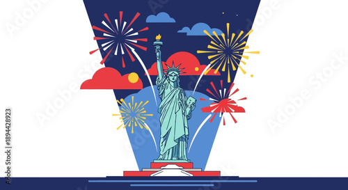 Minimalist Graphic Statue of Liberty with Fireworks Celebration Background Illustration