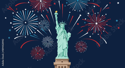 Flat Style Statue of Liberty with Fireworks Celebration Illustration