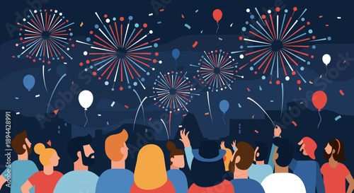 Flat Illustration Crowd Watching Colorful Fireworks Exploding in the Night Sky