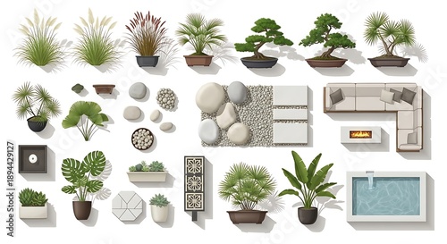 Overhead view of modern outdoor living space elements: sectional sofa, fire pit, pool, and diverse plants.