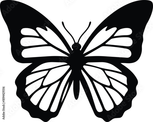 Black silhouette of a butterfly with detailed wing patterns isolated on a white background