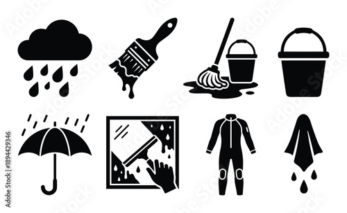 Wet glyph vector set. Rain, cleaning, painting elements icons. Cleaning suit, bucket, umbrella, towel and squeegee.