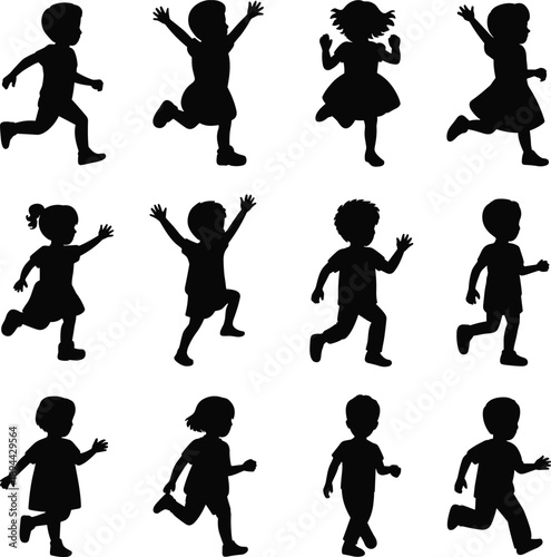 Children silhouette, playful kids, black vector, running pose, jumping action, dancing figures, childhood energy, motion icon, outdoor fun, active lifestyle