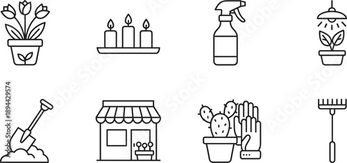 Outline gardening and plant care icons set featuring flowers watering tools shop cactus gloves and home garden symbols