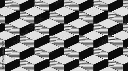 Isometric cube pattern background with hatched texture and black white geometric 3d rectangles