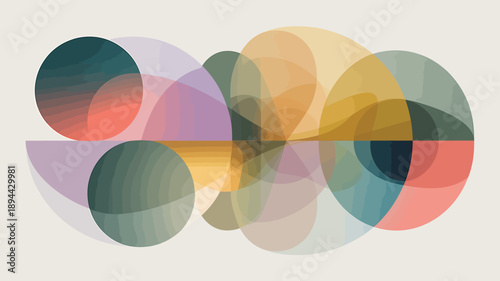 Modern abstract composition of overlapping colorful translucent circles and semi circles