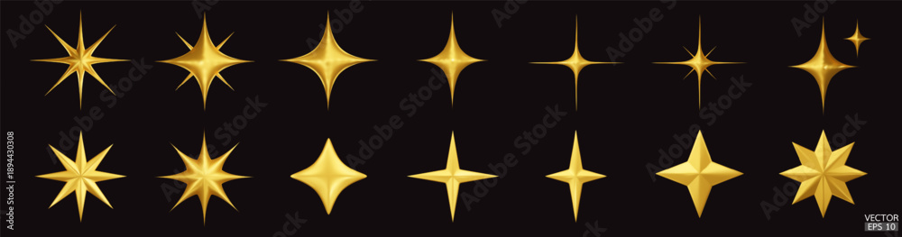 Fototapeta premium 3d gold star sparkle isolated on black background. Golden sparkles emoji icon. 3D vector illustration.