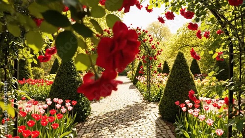A cobblestone path winds through a garden of red roses, tulips, and green archways