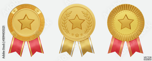 Set of 3D quality guarantees medals with star and ribbon. Gold badge warranty icon. Realistic graphics Certificate Badge, award badge, winner trophy prize, Golden medal trophy. 3D vector illustration.