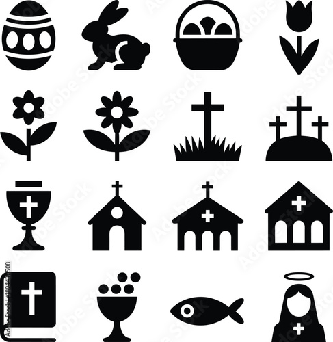 Easter icons, Christian symbols, silhouette set, religious elements, church, cross, chalice, Bible, bunny, egg, flower, nun, fish, tulip, celebration, resurrection, faith, worship, spring, holy