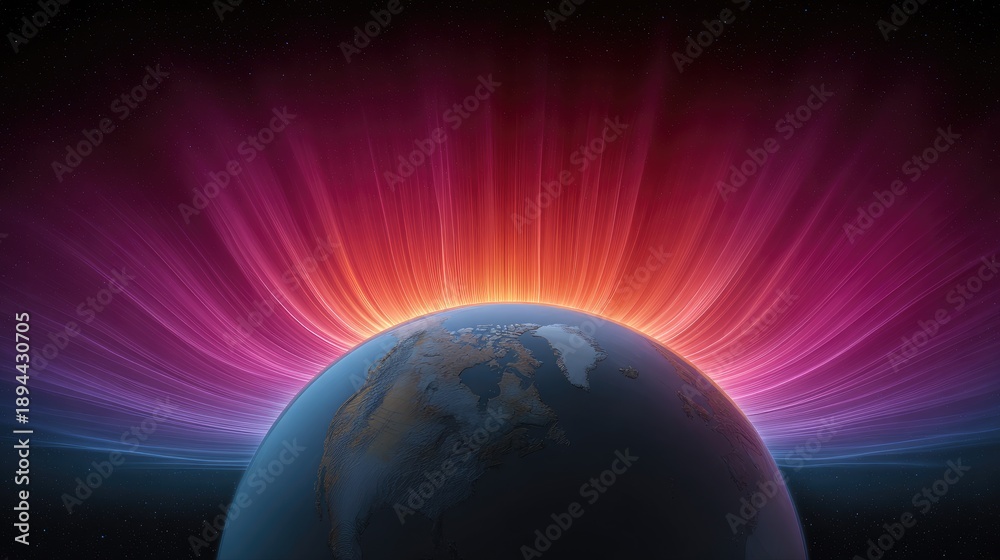 Fototapeta premium Stunning View of Earth with Vibrant Energy Waves in the Atmosphere Displaying Swirling Colors of Pink and Orange Above a Dark Cosmic Background