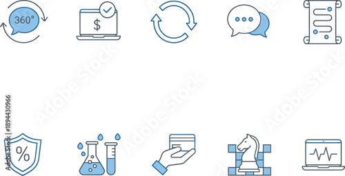 Outline blue business and technology icons set featuring security finance analytics communication strategy and innovation symbols