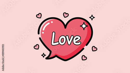 Cute pink heart speech bubble with 'Love' text for romantic design.