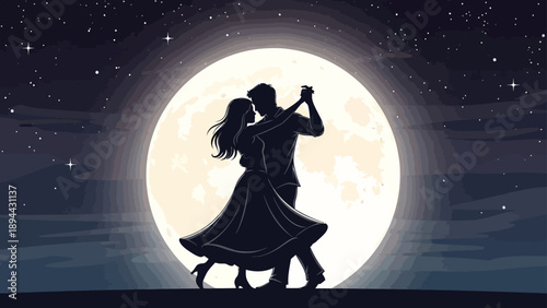 Silhouette couple dances under a full moon and starry sky