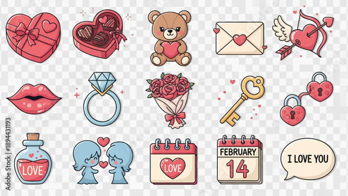 Valentine's Day icons collection of romantic symbols and illustrations.