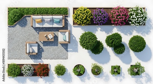 Modern Outdoor Living Space Design with Furniture, Plants and Gravel Patio - Top View